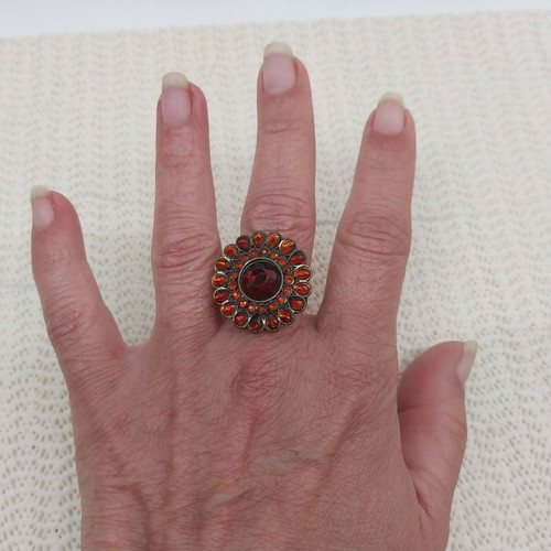 Vintage brass ring with amber glass beads, adjustable
