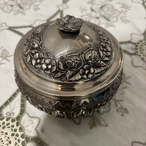 Handmade silver-plated fondue pot with carved details like new