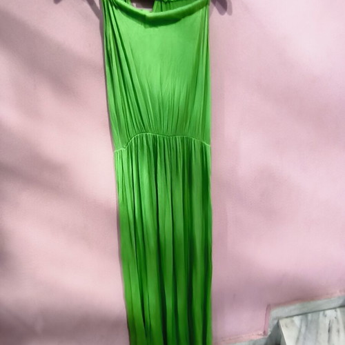 Green long dress with gold detail used, one size cotton elastic