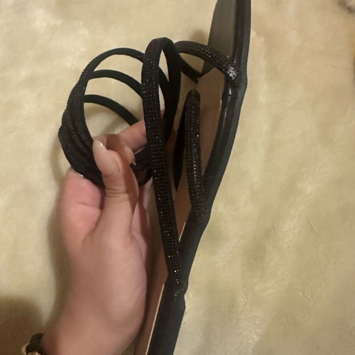 Chrysanthou Straped Flats Size 39 Black Glittery Straps New