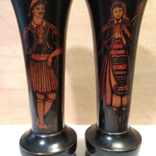 Ebony vase pair like new with Greek traditional costumes