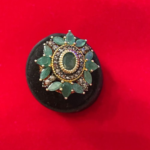 Ring 9K gold and 925 silver with diamonds and emeralds used, size 57