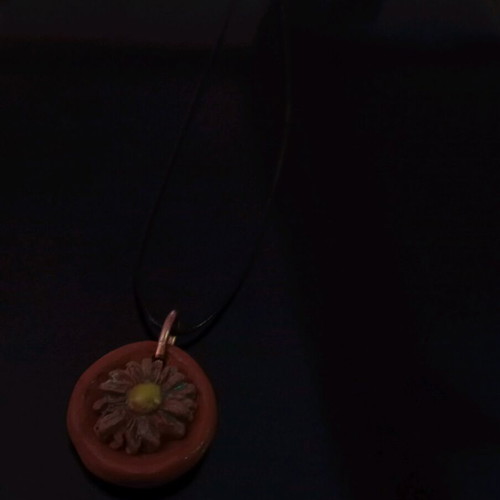 Handmade necklace with flower from baked ceramic clay brown and yellow