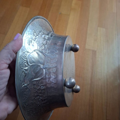 Decorative Metal Vintage Fruit Bowl with Embossed Fruits and Hammered Texture