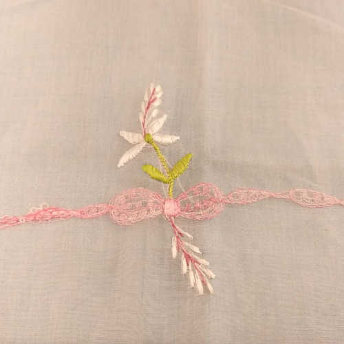 Machine embroidery runner from pink organza with floral design like new