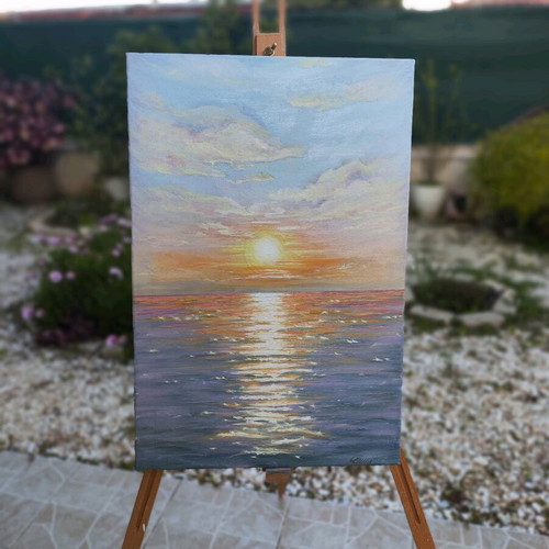 Handmade oil painting Sunset seascape impressionism style