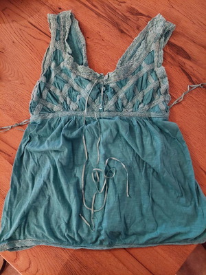 Attrativo top used, sea blue with lace, linen and cotton