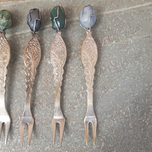 Vintage fruit forks used, set of 6 with semi-precious stones