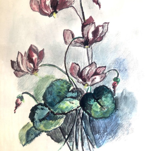 Watercolor artwork by Archontia Papazoglou used, 1970s, framed 27x37 cm