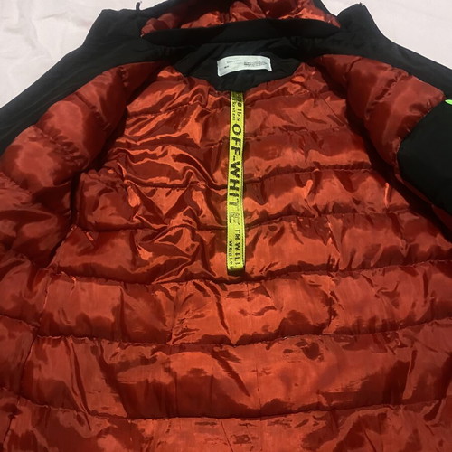 Off White black puffer jacket with hood and red lining, size L