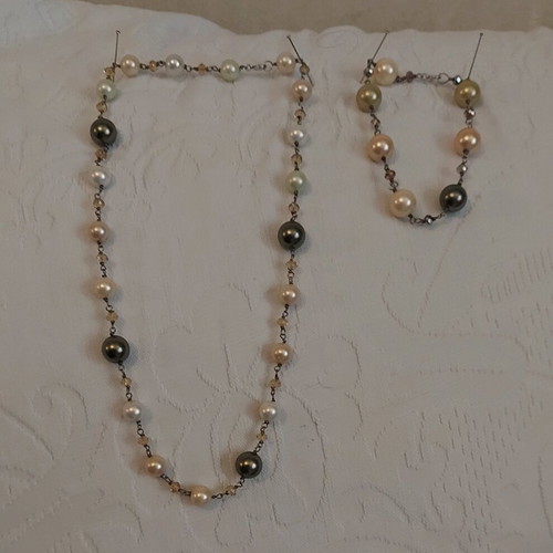 Handmade 925 Silver Set Necklace and Bracelet with Pearls New