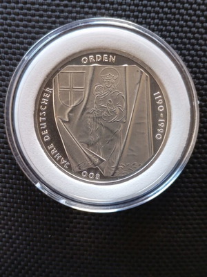 Silver German 10 Mark Coin 1990 like new, Teutonic Order 800 Years
