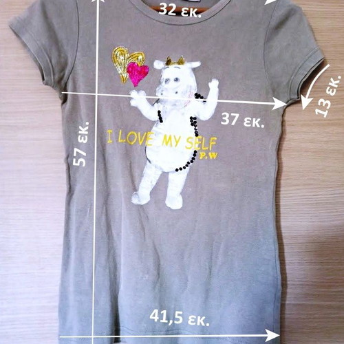 Tshirt Pink Label M gray with sequin hearts and embroidered cow