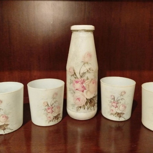 Handmade decorative set with bottle and glasses vintage floral design