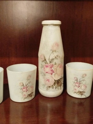 Handmade decorative set with bottle and glasses vintage floral design