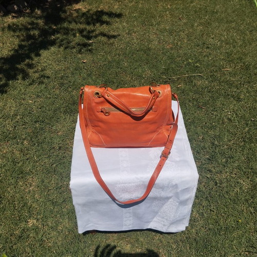 Car Shoe leather shoulder bag used, vintage patina, orange and gold