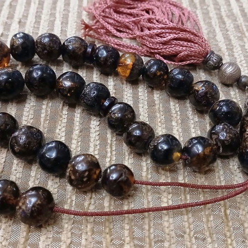 Amber Worry Beads used, Baltic amber, silver elements, 33 beads