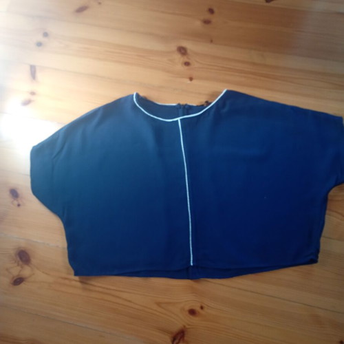 Zara cape blouse used, dark blue with white trim, batwing sleeves