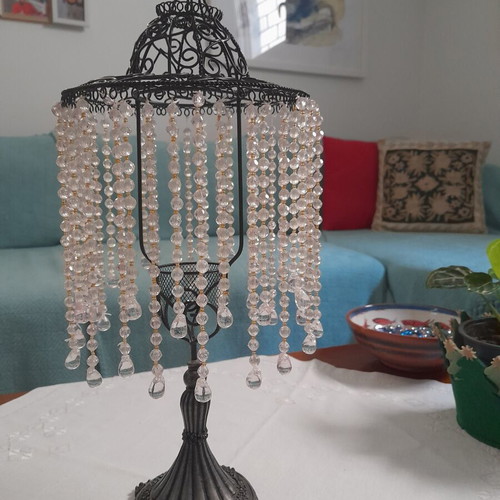 Vintage metal candlestick with transparent beads