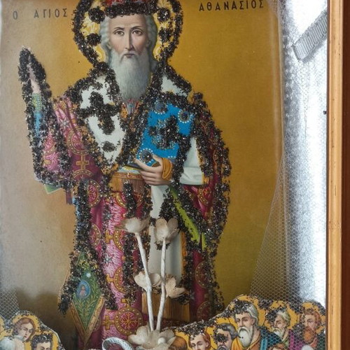 Religious icon Saint Athanasios and the Dormition of the Theotokos like new