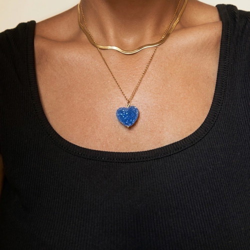 Necklace with blue heart pendant and stainless steel chain, like new