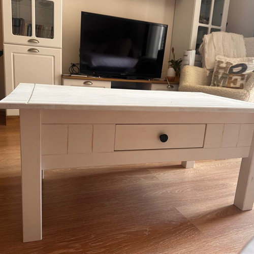 White coffee table used with drawer and chalk paint top