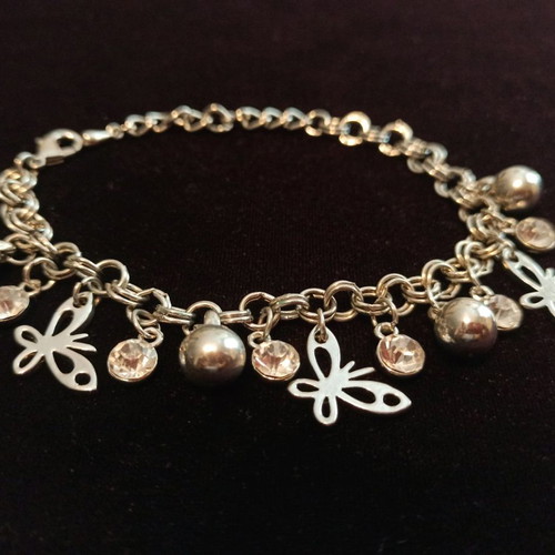 Silver shiny bracelet with butterflies and rhinestones like new