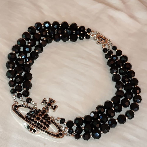 Vintage Y2K 3-Layer Pearl Saturn Necklace, black and silver