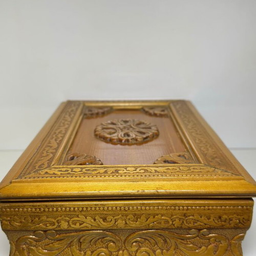 Wooden carved storage box used, handmade with fabric lining