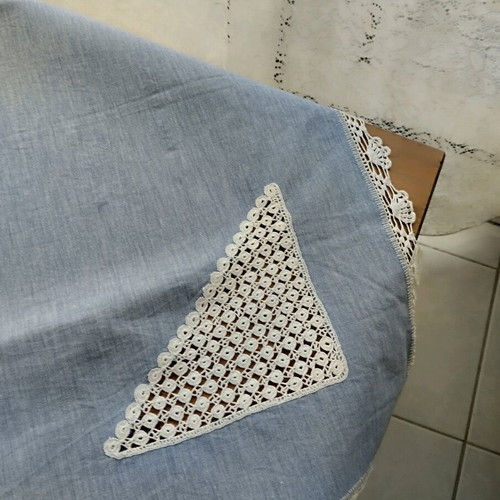 Handmade tablecloth with fabric and crocheted corners 72x72 cm like new