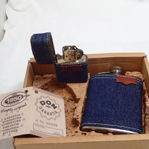 Don Ramos 1950 Founded Lighter and Hip Flask with Denim Wrap and Case new