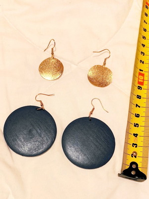Two pairs of earrings like new, wooden blue and metal gold-colored