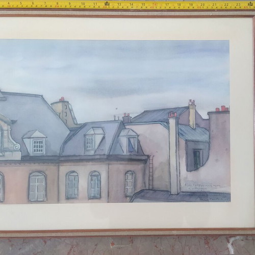 Watercolor painting of Paris roofs used, urban landscape