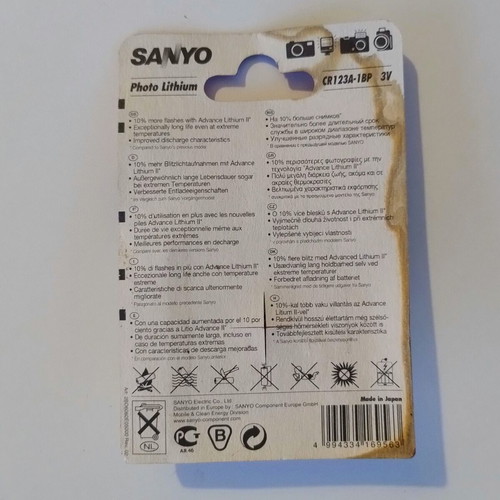 SANYO Advanced Lithium II CR123A 3V lithium battery, sealed, expired