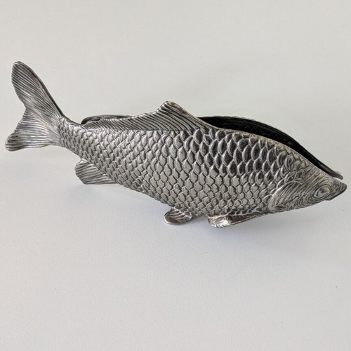 Vintage silver-tone metal fish napkin holder used, 23 x 10 cm
