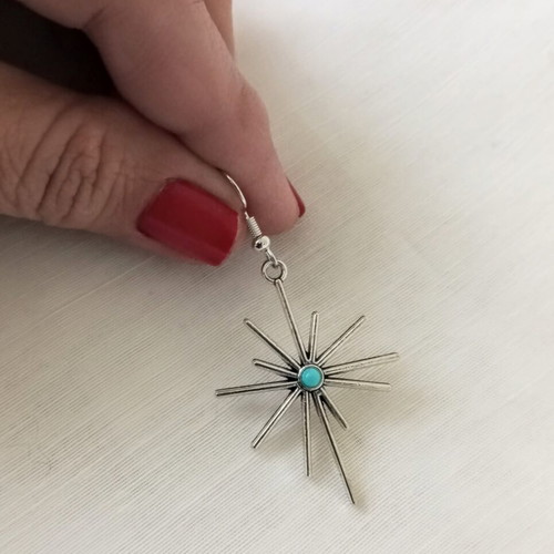Boho hanging sun and star earrings new, silver with turquoise stone