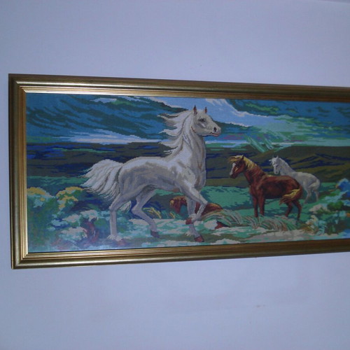 Handmade embroidered painting with wooden frame, horses theme, like new