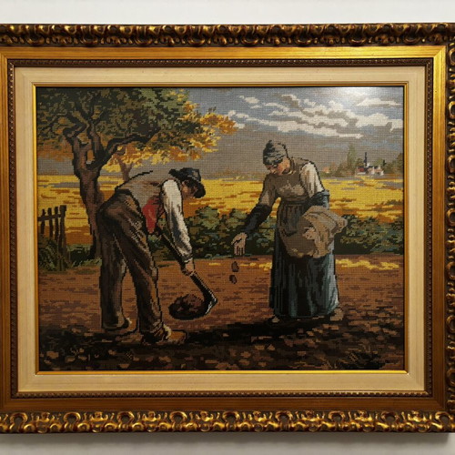 Three embroidered cross-stitch paintings with beautiful frame, new