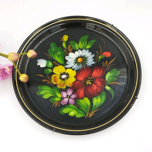 Vintage Russian metal tray from USSR, hand-painted, used