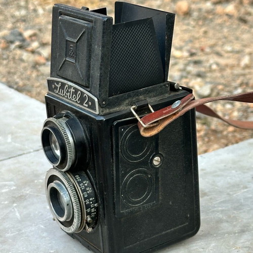 Lubitel 2 camera used with original leather case