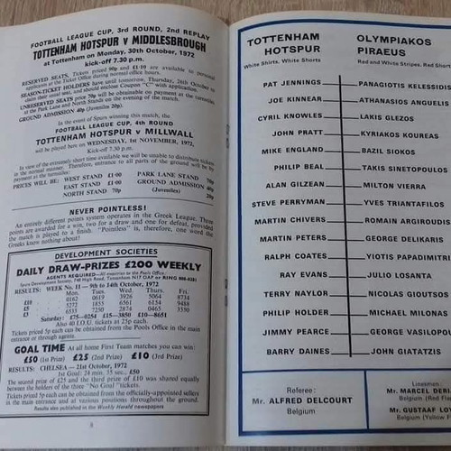 Official Tottenham-Olympiakos match program 25 October 1972 like new