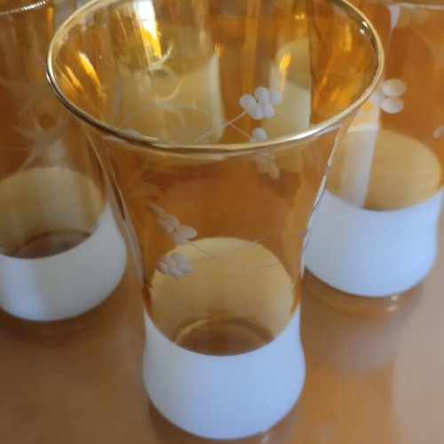 Vintage glass set of 5 with amber glass and white satin base like new
