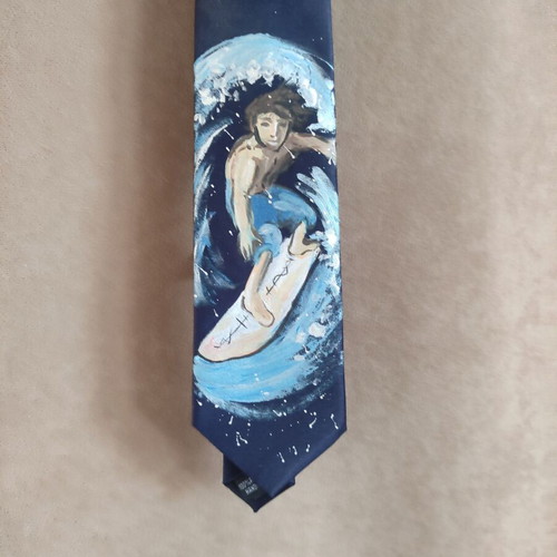 Tie new, hand-painted blue with surfer design