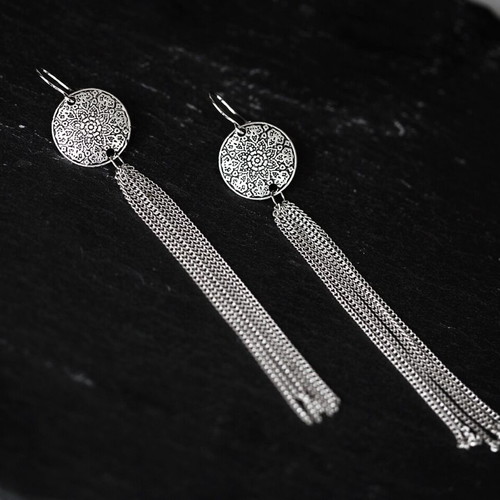 Silver boho tassel earrings long new with chains