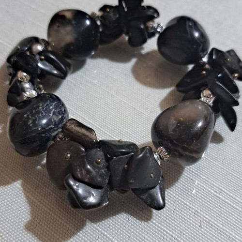 Obsidian chip bracelet with silver beads