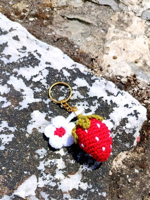 Knitted strawberry keychain new, handmade red