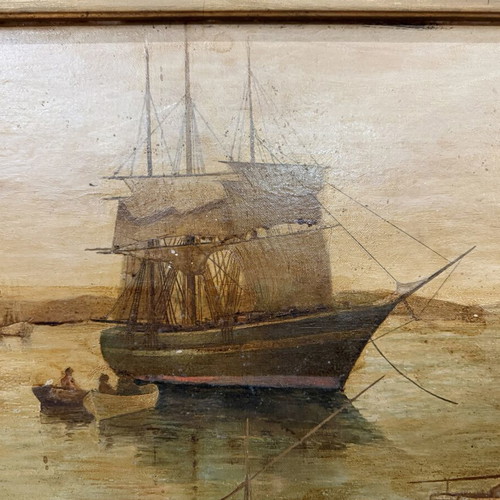 Φ. Παξινός ελαιογραφία με σκαλιστή χρυσή κορνίζα, θάλασσα με καράβια