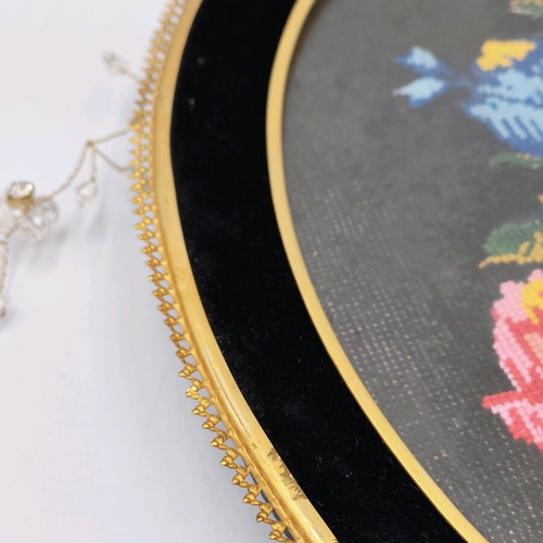 Vintage hand embroidered tapestry used with wooden frame and glass