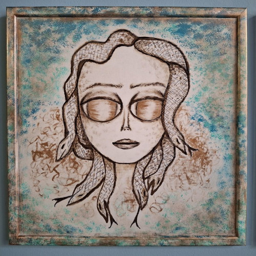Medusa Portrait Painting New, Hand-Drawn with Chalk and Acrylics