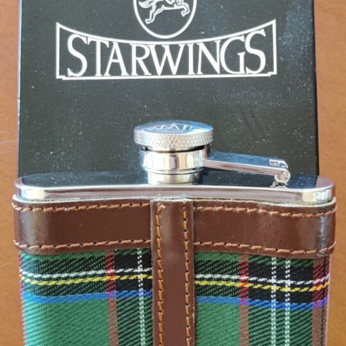 Starwings flask new, 150ml capacity with tartan fabric and leather